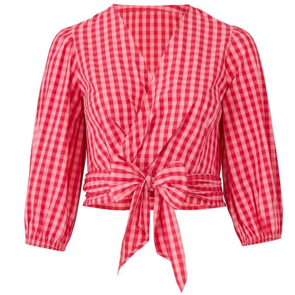 Draper James X ELOQUII Red Checkered Ruffle Wrap Top V-neck Tie Waist Sz 14